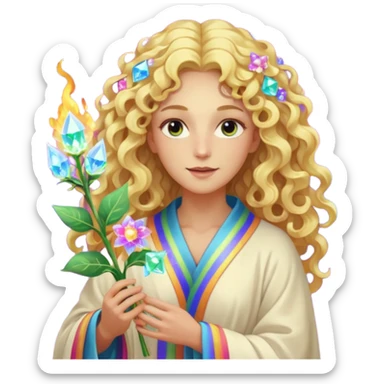 a being made of light pleidian nordic long faces and curly blond hair but beautiful features of light with a robe on made of light and who is lanky holding a bouquet of crystal flowers on rainbow fire sticker