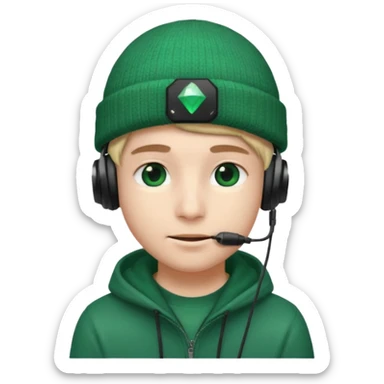 garcon avec un bonnet avec un emeraude dessus et un casque gaming sticker