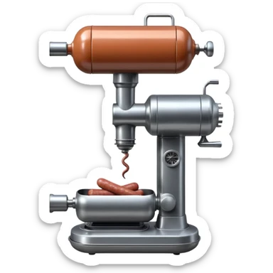 sausage-processing droid. retro-futuristic style. top is a circular industrial meat grinder with rotating gears and blades. Two robotic arms feed material into grinder. Sausage links extrude from the rear like  factory. The body is metallic, compact, and floats above the ground.no legs. Dark humor sticker