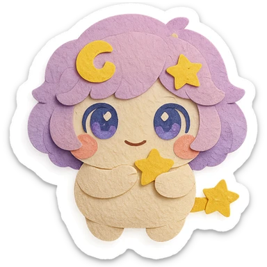 Stella Puff (星星噗噗) in super cute, soft, and adorable paper craft style, front view, holding a tiny star, big sparkling blue-violet eyes, puffy pastel pink-purple gradient hair with a yellow star swirl, creamy white round body, coral pink blush, short arms and legs, golden star tail, clean lines sticker