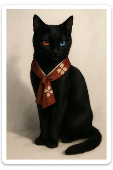 Ryougi Shiki reimagined as a sleek black cat with heterochromatic eyes, wearing a small kimono scarf sticker