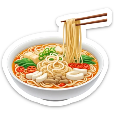 Yunnan over-the-bridge rice noodles with separate ingredients, simplified emoji style with bold outlines and bright colors, cartoon style Chinese noodle dish sticker
