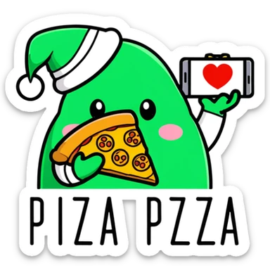 Create image Mini repo character that’s green with Bennie that says “I heart pizza” and pizza on one hand and game controller on the other hand sticker