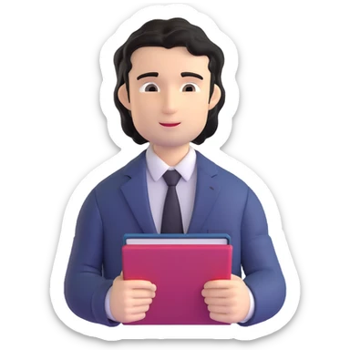 Professional 35-year-old man with black wavy hair, stubble, strong jawline, white skin tone, wearing smart casual business attire, holding a business book, with a confident approachable expression sticker