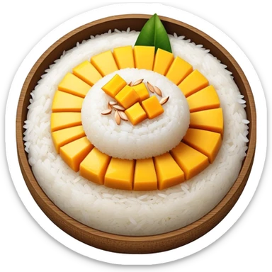 cinematic-realistic-mango-sticky-rice-dessert-emoji,-showcasing-sweet-sticky-rice out of a mould-paired-with-ripe-mango-slices-and-coconut-milk-rendered-with-lifelike-detail-and-warm,-inviting-lighting with the coconut  milk over the rice sticker