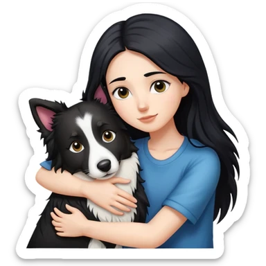 A white girl with long black  hair tightly hugged a Border Collie sticker