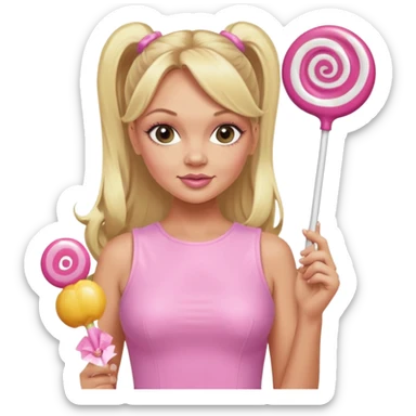Emma Bunton with long blonde ponytails wearing light pink bodycon dress holding a lollipop sticker