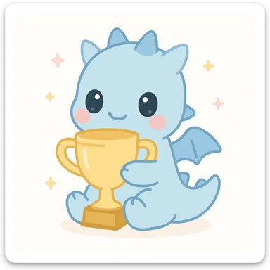 blue dragon clutching a gold trophy, cute style sticker