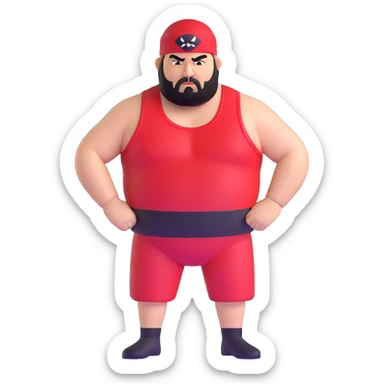 White skin fat guy with prominent black durag, short black beard, black eyes in a red and black wrestling singlet with angry face sticker
