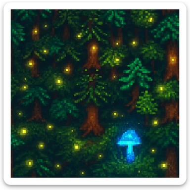 Add glowing fireflies in the pixel art forest background with the bioluminescent mushroom. Keep the pixel art style and add subtle glowing effects to the fireflies to enhance the mystical ambiance. sticker