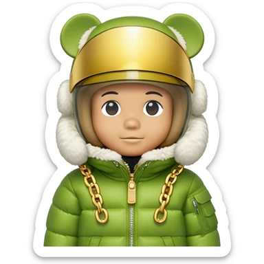bearbrick with lime balaclava and logo tags, wearing large mirrored monolens ski visor shield covering entire upper face like sports goggles, puffy jacket with fur trim, gold chains sticker