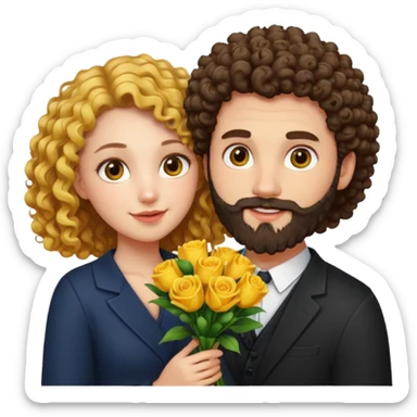 curly haired girl with yellow eyes and hair parted from the right side, next to a handsome bearded man holding a bouquet, playful sticker
