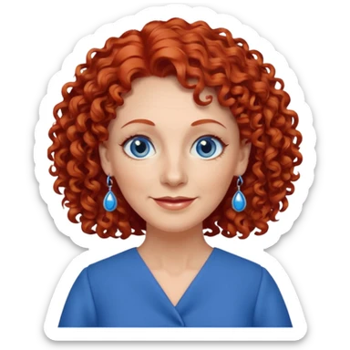una profesora mayor simpática con el pelo rojo rizado, ojos azules, vestido azul y pendientes azules sticker