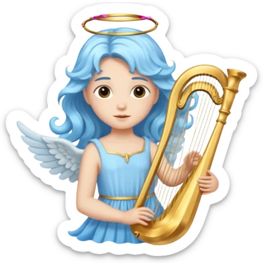 A serene angel with pastel-blue waves of hair, carrying a golden harp.








 sticker