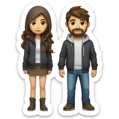 Female girl with long brown hair in hoodie gaming with male guy short brown hair and scruff with gamer controller sticker