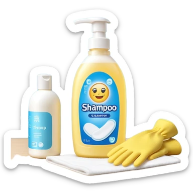 emoji of big (1L) bottle of shampoo, disposable gloves and cotton pads (for makeup) are standing on a table, products look like its always running out, add brand labels to them, make quantity bigger , and i want to see more disposable products, without faces sticker