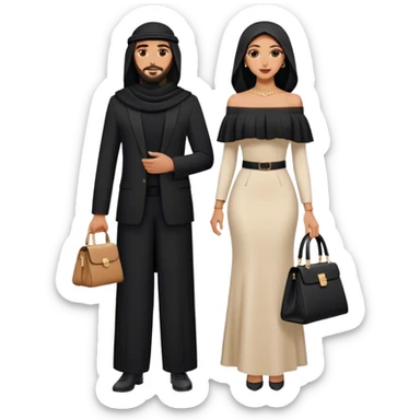 An Arab couple the Lebanese man dressed in all black, and the Palestinian woman in an elegant off-shoulder cream-colored outfit with a matching handbag. sticker