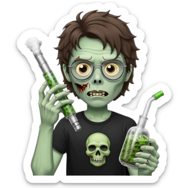 short wavy brown haired zombie getting stoned with weed t shirt and bong on his hand and wearing black chrome hearts bifocals sticker