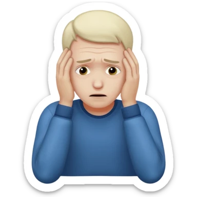 A white man sits at his desk, clutching his head in his hands. sticker