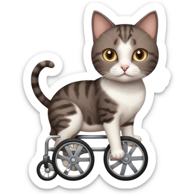 full body small short hair dark brown and white cat with hazel eyes walking in a wheelchair for cats sticker