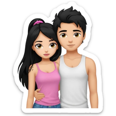 generate a pretty tan bratz boy with messy black hair wearing a white tshirt. Hugging a fair girl with long black hair, eyeliner, wearing a pink cami.  sticker