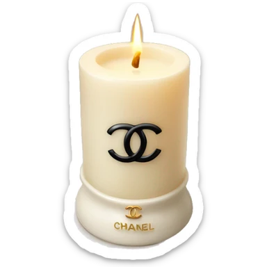 a vanilla candle in a small white candle holder with a chanel logo sticker