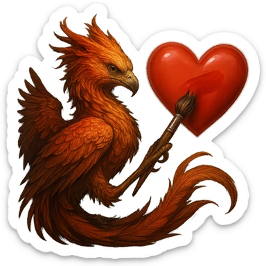 A realistic and majestic phoenix with detailed feathers, holding a brush in its claw, painting the inside of a vibrant red heart emoji. The composition is impressive and eye-catching, resembling a real phoenix, not a childlike drawing. No background, keep it transparent. sticker
