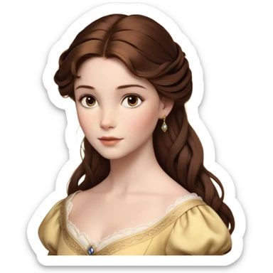 Cinematic Realistic Belle Portrait, depicted with lifelike skin texture, soft natural lighting, and intricately detailed brown hair styled elegantly. Her deep, expressive eyes exude warmth and intelligence, complemented by a serene and graceful expression. She is dressed in her classic attire, with rich fabric textures and delicate folds that catch the light beautifully. The portrait features a soft, enchanting glow with a natural, radiant finish, capturing the essence of timeless beauty in a realistic and painterly style, evoking a sense of depth and authenticity. sticker