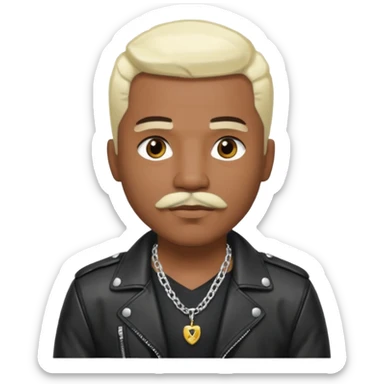 Sisqo, medium dark skin, brown eyes, platinum blonde hair and mustache, black leather jacket with chest and necklace sticker