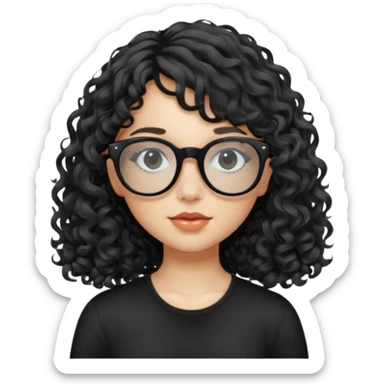 create a frontend girl that has a round face long curly hair with a side curtain bangs and wears black square rayban glasses doesnt smile with her teeth and white sticker