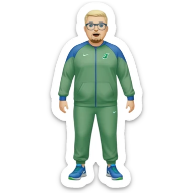 Full Body white male plus size wearing glasses with a goatee with light blonde and gray very short hair yelling head Coach in blue and green Nike dry sweat suit sticker