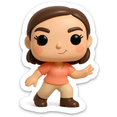 Create a Funko Pop style vinyl figure inspired by the reference image. The figure should have a peach-colored blouse, beige pants, dark brown Santiago boots, dark brown bob haircut tied back, rosy cheeks, feminine eyelashes, light freckles, and a mischievous expression. The pose should be dynamic. No hat or accessories. Transparent background. sticker