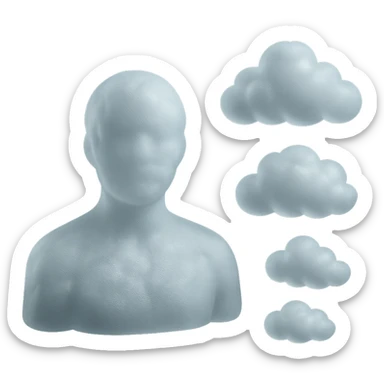 person looking straight, fully made of white fluffy convex clouds, shoulders, matte glass style sticker