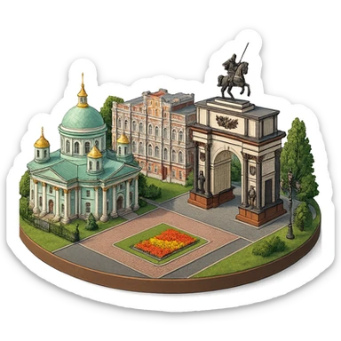 Изометричная, яркая, детализированная и фотореалистичная иллюстрация панорамы города Курска на круглой подставке, Знаменский собор, здание Дворянского собрания, Триумфальная арка в стиле 3D-коллажей городов, чёткие линии, слегка мультяшная стилистика, прозрачный фон, не обрезать края картинки sticker