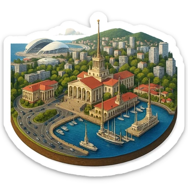 Изометричная, яркая, детализированная и фотореалистичная иллюстрация панорамы города Cочи на круглой подставке в стиле 3D-коллажей городов, здание Морского Порта, Зимний театр, стадион Фишт, море чёткие линии, слегка мультяшная стилистика, прозрачный фон, не обрезать края картинки sticker