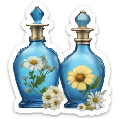 Two blue Antique oil perfume bottles with herbal and flowers sticker