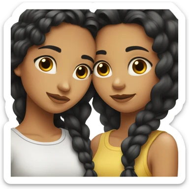 two girl best friends hugging; both black hair long, one curled one straight hair, one paler than the other, both white brown eyes sticker