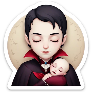 Meme-Worthy Cute Sleeping Vampire Portrait Emoji, with a refined, small, pale face softened by closed, serene eyes and a slight, peaceful smile, adorned in miniature elegant dark attire with a hint of fading crimson, simplified yet irresistibly adorable, highly detailed with a soft ethereal outline that captures the drowsy charm of a vampire in quiet nighttime slumber! sticker