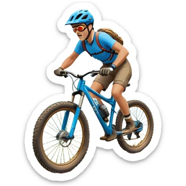 An icon featuring a mountain bike with thick tires on a rugged trail. A cyclist in a helmet rides downhill, kicking up dust. The background showcases a breathtaking mountain landscape with green slopes, rocky peaks, and a bright blue sky. Transparent background emphasizes adventure and speed sticker