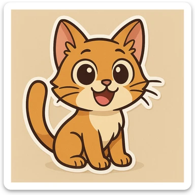 Make this cheerful dog-cat hybrid look more like a cat, with a feline nose, whiskers, and a long tail, keeping the bright eyes and joyful look in a fun cartoon style. sticker
