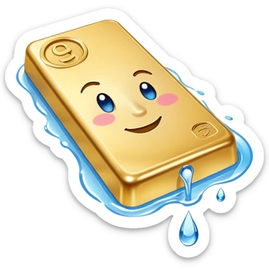Gold bar winking with a small circula puddle of water that is blue underneath it sticker