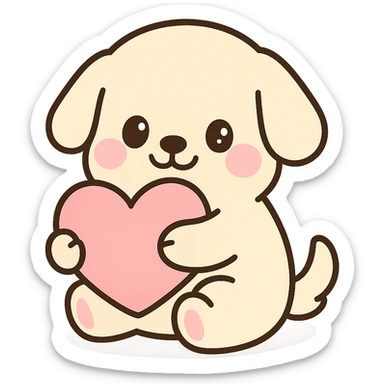 white cream retriever hugging a cute pink heart pillow, smiling, soft charming style sticker