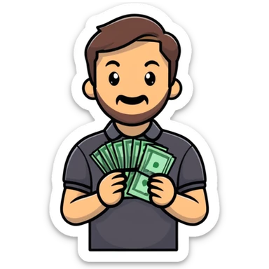 bearded brown-haired man in a polo shirt holding bundles of bills sticker