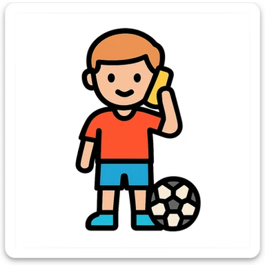 a boy on the phone with a football at his feet, playful, color outline style sticker