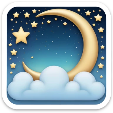 minimalist emoji style icon of a picture frame with a dreamy night sky inside, stars, crescent moon, gentle cloud, pastel color palette, clean lines, subtle gold accent for inspiration sticker