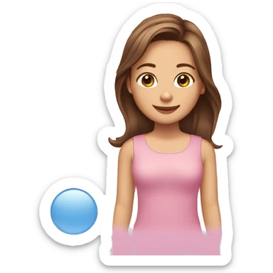 It's a girl's room with shoulder-length brown hair. She is smiling. She has fair skin. sticker