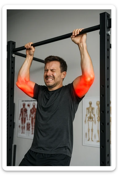 a man in athletic wear esegue una trazione alla sbarra in palestra. I suoi gomiti sono evidenziati con un alone rosso acceso o un effetto glow, indicando infiammazione. Un’espressione di dolore è visibile sul suo volto. Sullo sfondo, attrezzi da palestra e poster anatomici. L’atmosfera è educativa e realistica. sticker