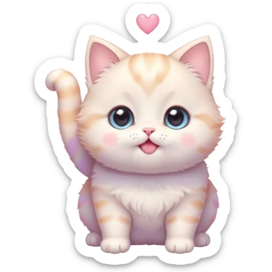 Cinematic chubby pastel kitten, big round eyes full of wonder, tiny paws reaching up, soft fluffy fur glowing in warm light, delicate heart-shaped nose, irresistibly cute and snuggly. sticker