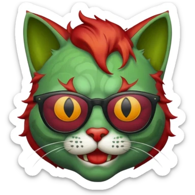 Zombie cat with sun glasses and red hair and joker nose sticker