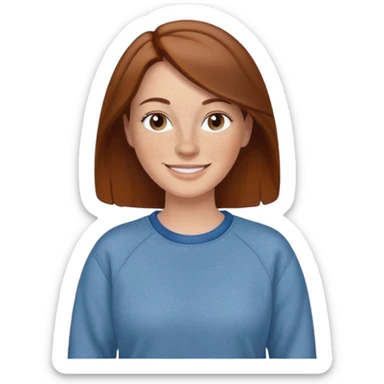 A 38 year old white woman with brown hair and freckles wearing a sweatshirt and jeans smiling sticker